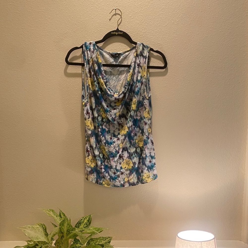Floral Cowl Neck Tank Top - Blue and Yellow